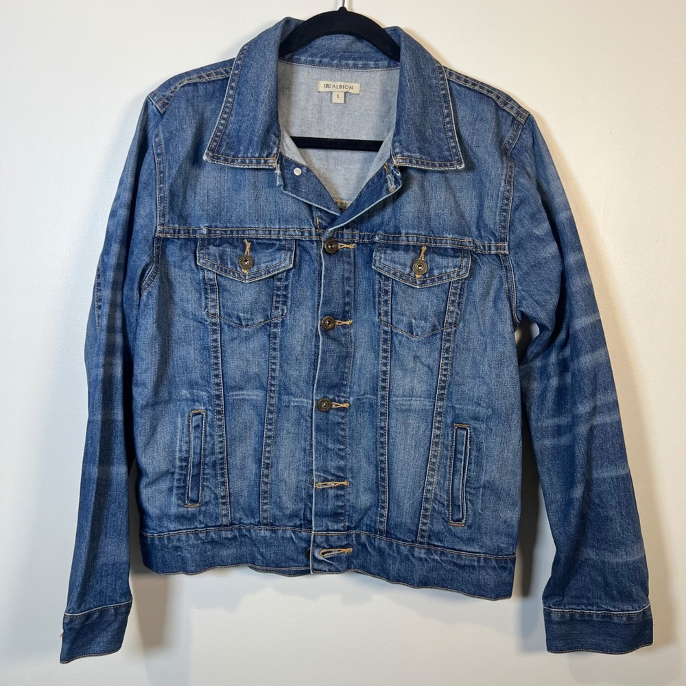 Albion Womens Medium Wash Denim Trucker Jacket Classic Casual Outerwear Large